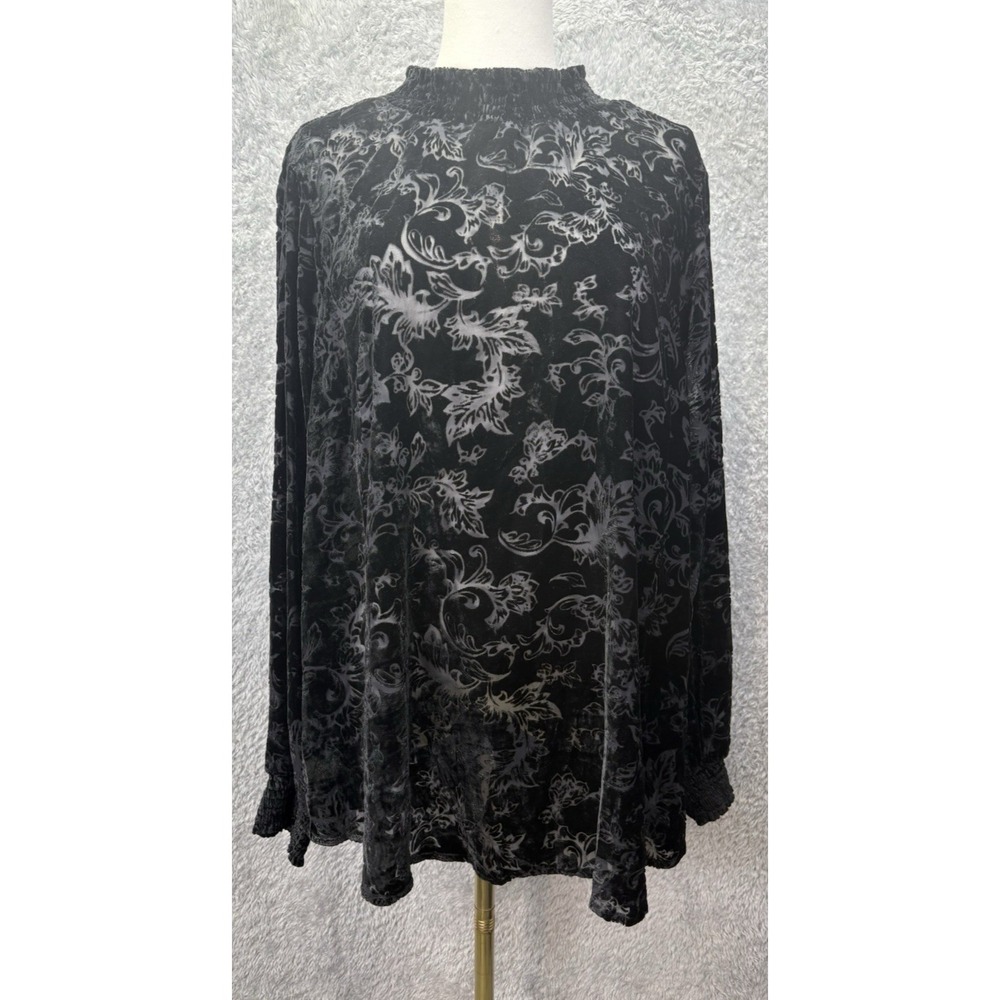 Torrid Womens 2 Black Velvet Burnout Floral Blouse Mock Neck Whimsigoth Boho